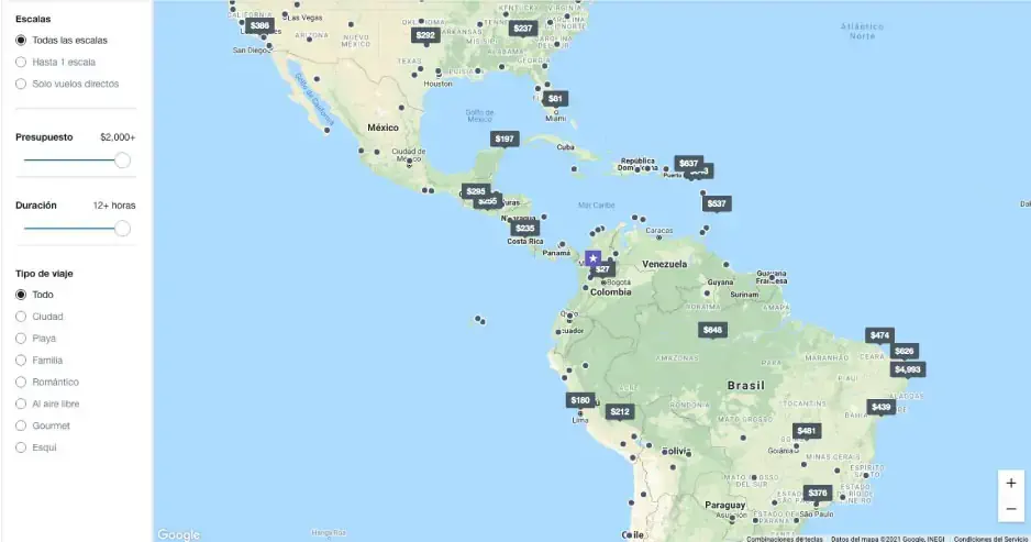 Mapa Explore de KAYAK