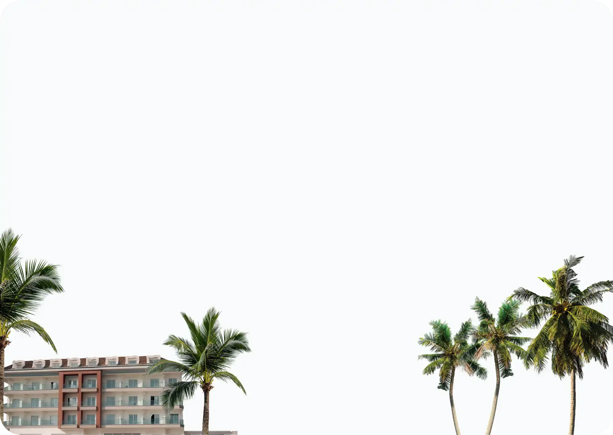 Hotel moderno parcialmente visible entre palmeras altas en un entorno tropical con cielo despejado y fondo minimalista.