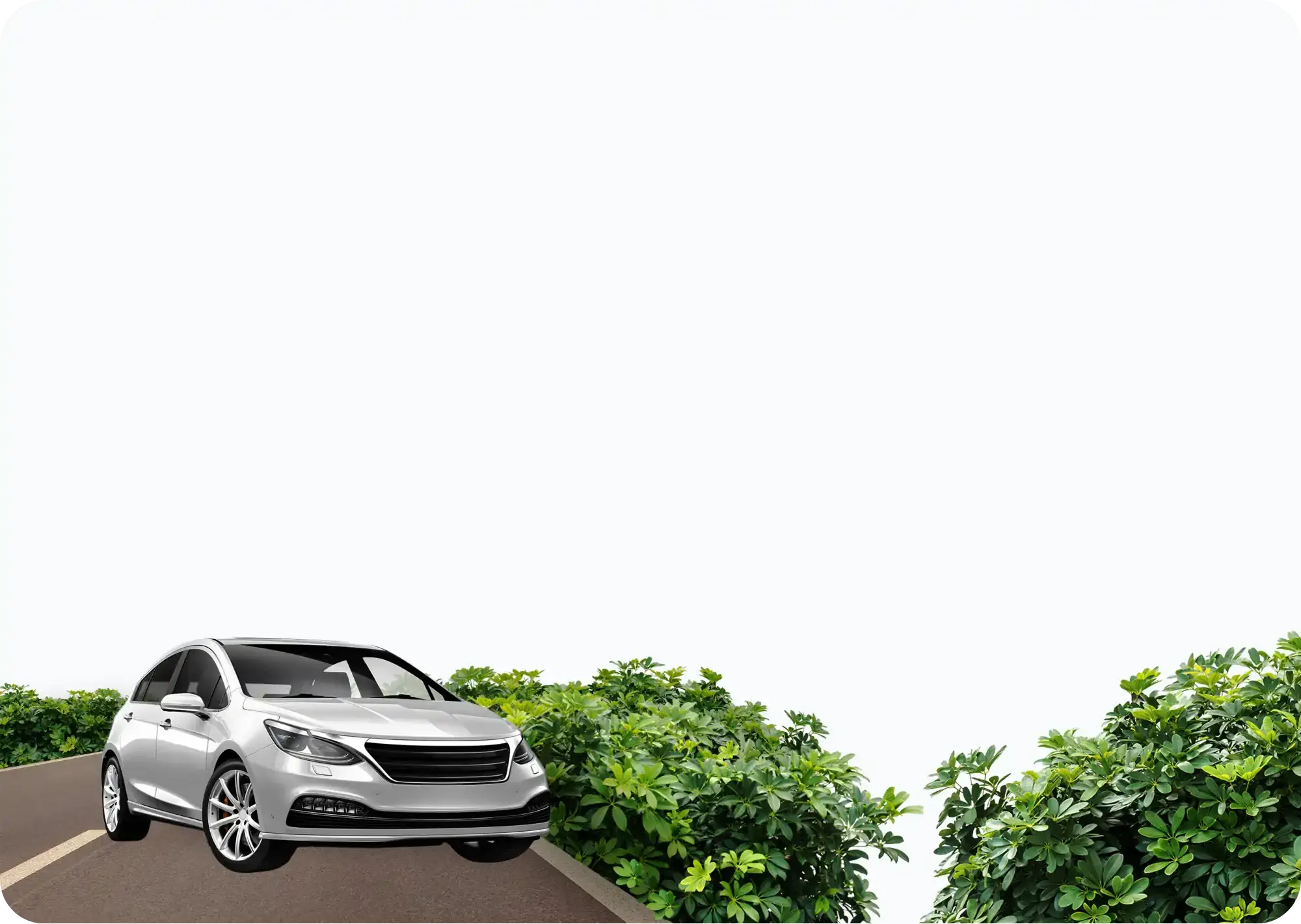 Automóvil plateado circulando por una carretera rodeada de vegetación verde, representando un viaje por carretera en un entorno natural.
